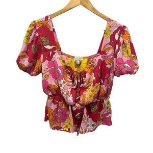 Persaya Pink Puff Sleeve Tie Front Blouse